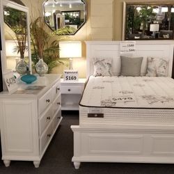 Brand New White Queen Bedframe + Dresser + Nightstand + Mirror 4PCs Bedroom Set