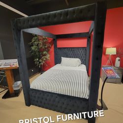 🛑 Bed Queen Frame, Canopy Style, Black Velvet, No Mattress, Box Spring Required, New in Box.