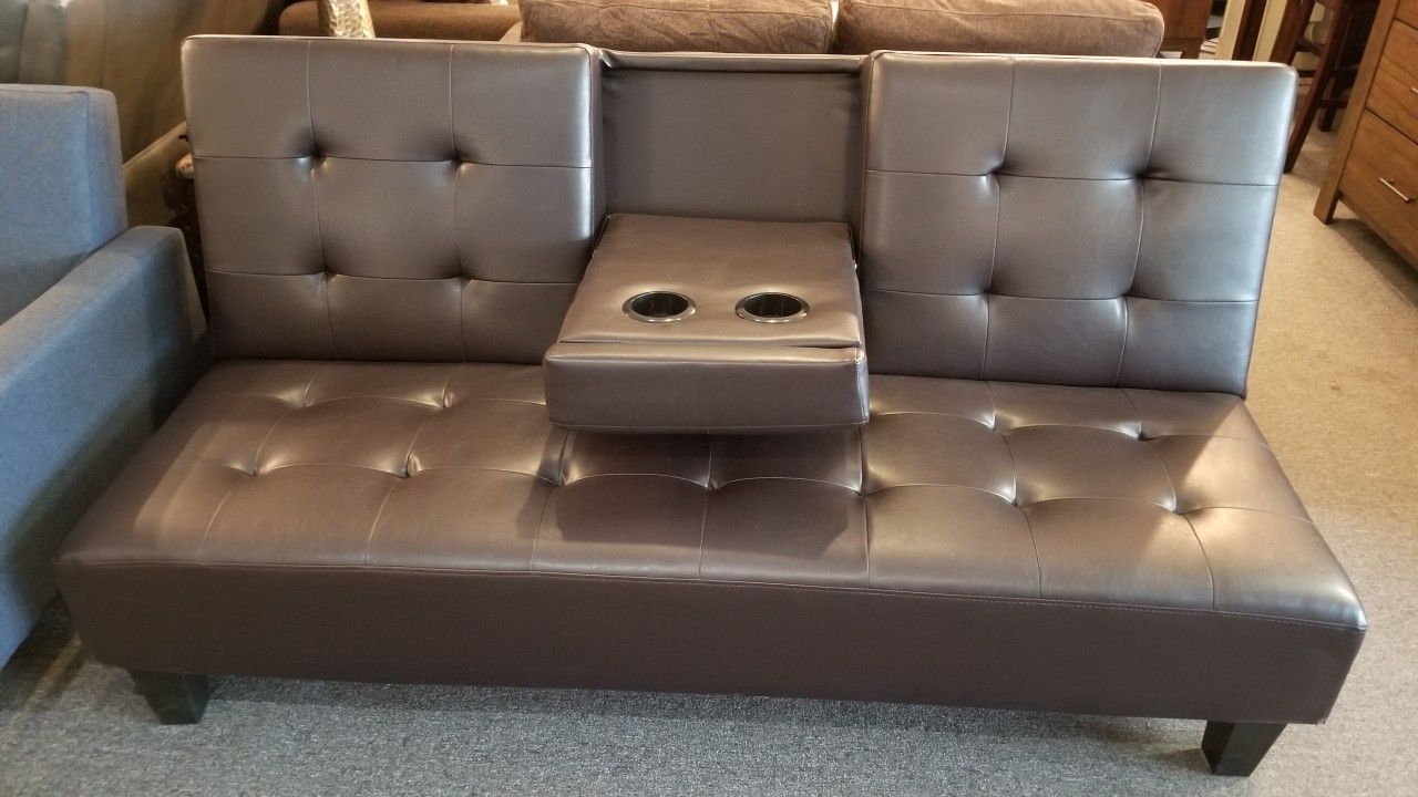 Brand New 79" x 44" Brown Or Black Faux Leather Sofa Futon With Cup Hopders