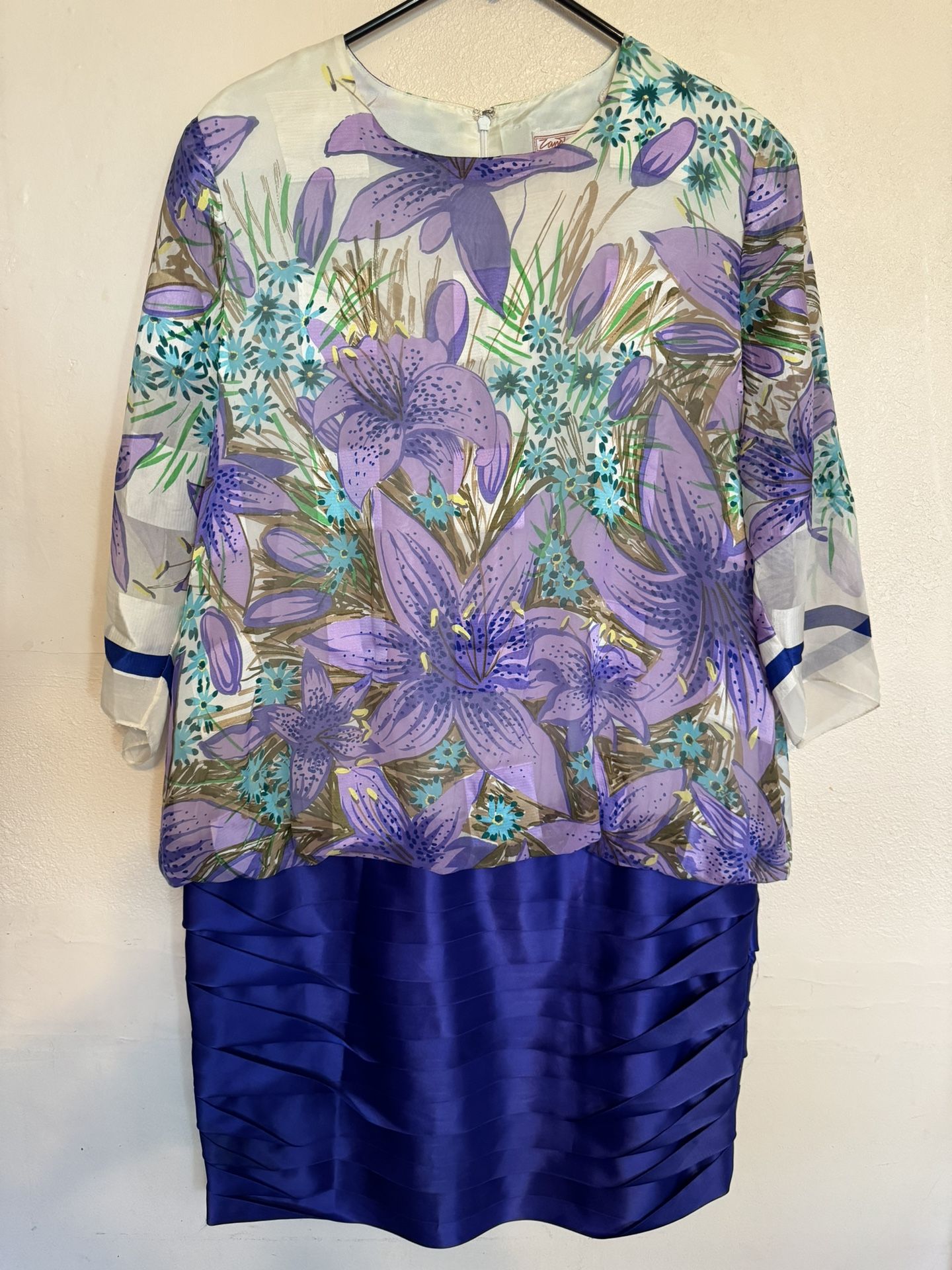 Zandra Rhodes Dress Women’s US size 14 Floral Silk Blend Blouson Hand Made Purpl