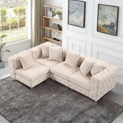 96.5-in Modern Off-white Sectional,4seater Living Room Sofa, Beige Velvet 