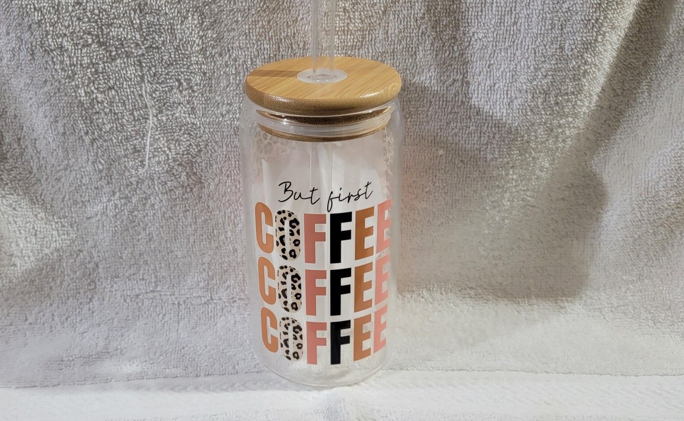 Coffee First 16 Oz Custom Libby Glass Can Cup With Bamboo Lid And Glass Straw (New)