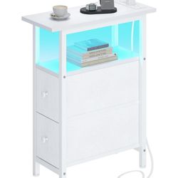 End Table with Charging Station, Narrow Side Table with 2 Fabric Drawers, Skinny Nightstand with LED Light, Slim Bedside Table for Bedroom, Living Roo