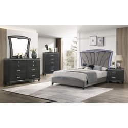 Brand New Dark Gray LED Queen Bedframe + Dresser + Mirror + Nightstand 4PCs Bedroom Set