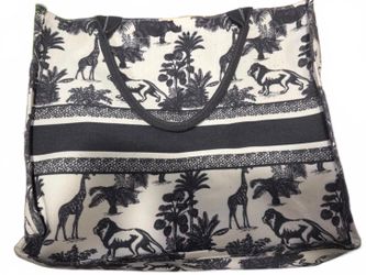 Black and Cream Toile Animal Safari Print Tote Bag