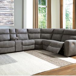 POWER RECLINING SECTIONAL 3 recliners Gray 132x118x41 USB ports storage console adjustable headrests washable leather $2,500 DELIVERED (was $4,299)