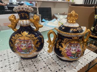 Cobalt Blue and Gold Porcelain Vase and Sugar Bowl Set