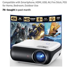 HAPPRUN Native 1080P Bluetooth Mini Projector, Full HD Portable Outdoor Movie Projector with Built-in Speaker, Compatible with Smartphone, HDMI, USB, 