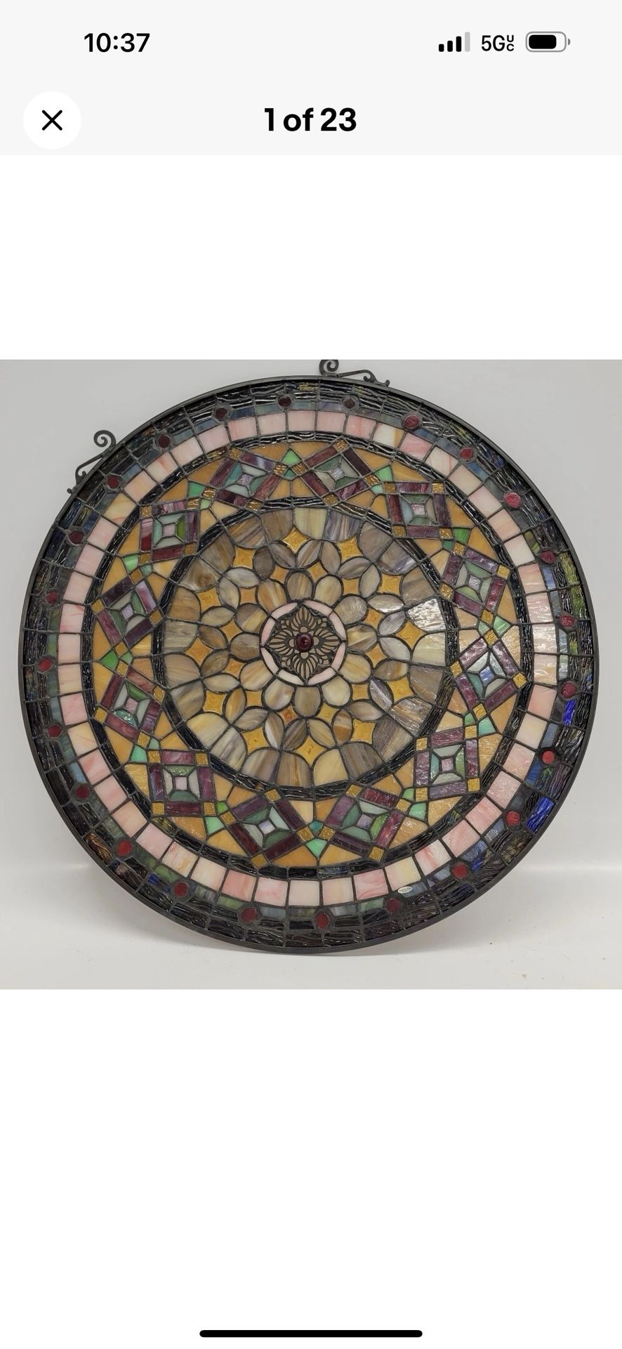 Tiffany Style Stained Glass Window Panel 21” Round Nature Colors And Neutrals