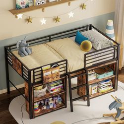 Low Loft Bed Twin Size, Metal Loft Bed with 2 Storage Cabinets, 25 Heavy Duty Steels Support Slats, Twin