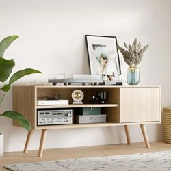  50-Inch TV Stand, Modern Entertainment Center with Charging Station, Oak  Color Oak Size 43.3" W Item Weight 40 Pounds Style Mid Century Mod