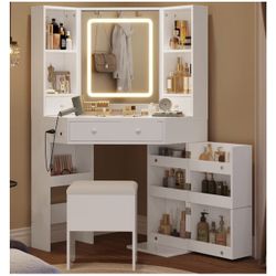 Vanity Desk with Mirror Lights, Storage Bench & Power Outlet