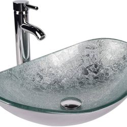 Bathroom Boat Shape Artistic Glass Vessel Sink Free Chrome Faucet and Pop-up Drain Set, Silver