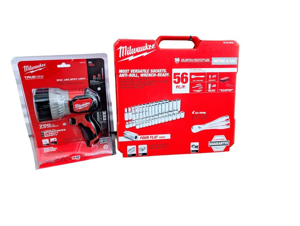 Milwaukee 56-Piece Socket Set + M12 LED Spot Light – $210