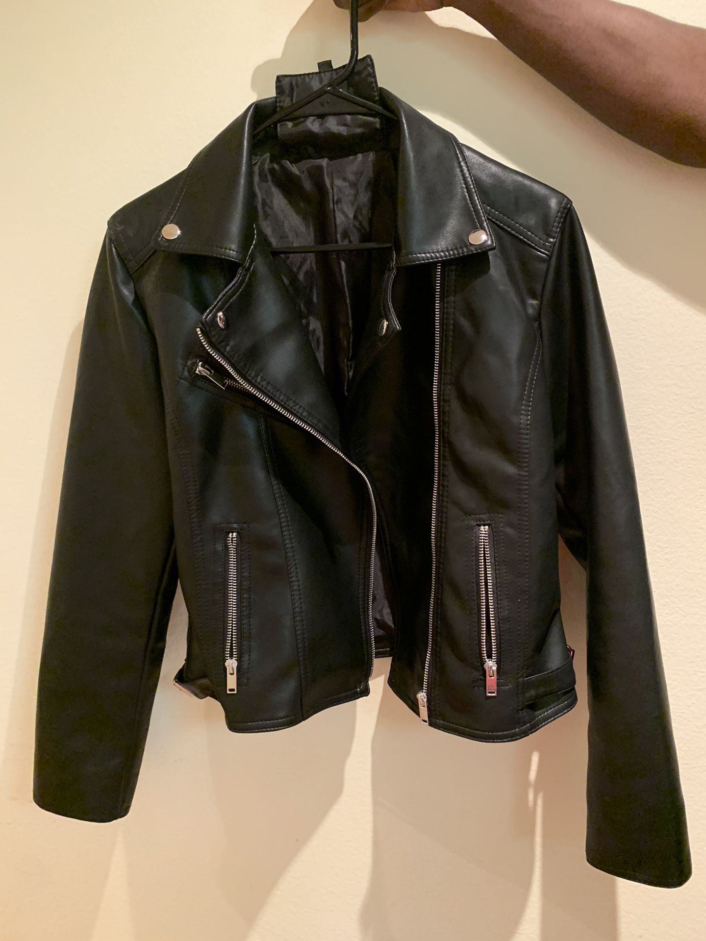 Black Leather Biker Jacket . Size Large
