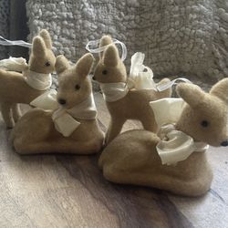 Set of 4 Vintage Style Flocked Fawn Deer Christmas Ornaments Cream Ribbon 5"