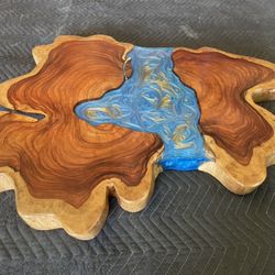 Coffee Table Slab~ Crosscut with an epoxy river added, Blue & Gold~ 40”Lx24-32”W at 2.5” thick
