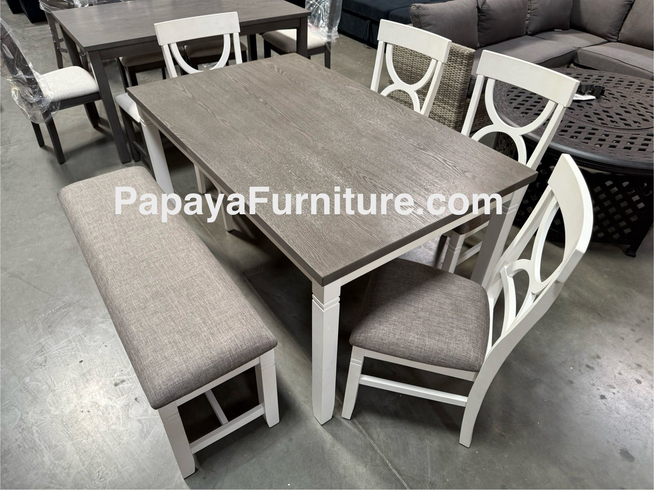 New! 6pcs Dining Set, Wooden Dining Set, Table And Chairs, Dinette Set, Table, Chairs, Bench, White Table, Farmhouse Dining Table, Casual Dining Set D