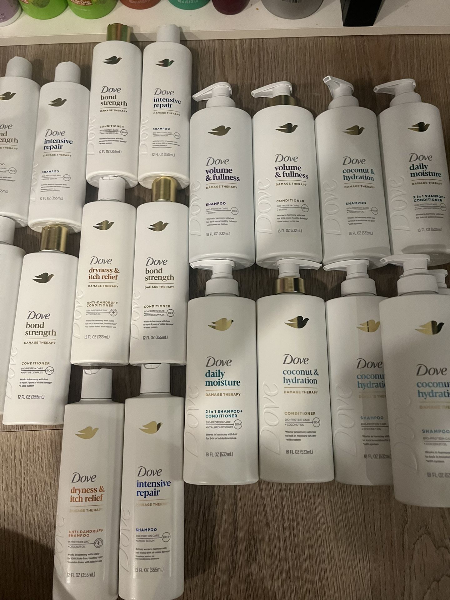 Dove hair shampoo and conditioner 12oz $2.5ea /18oz $4ea