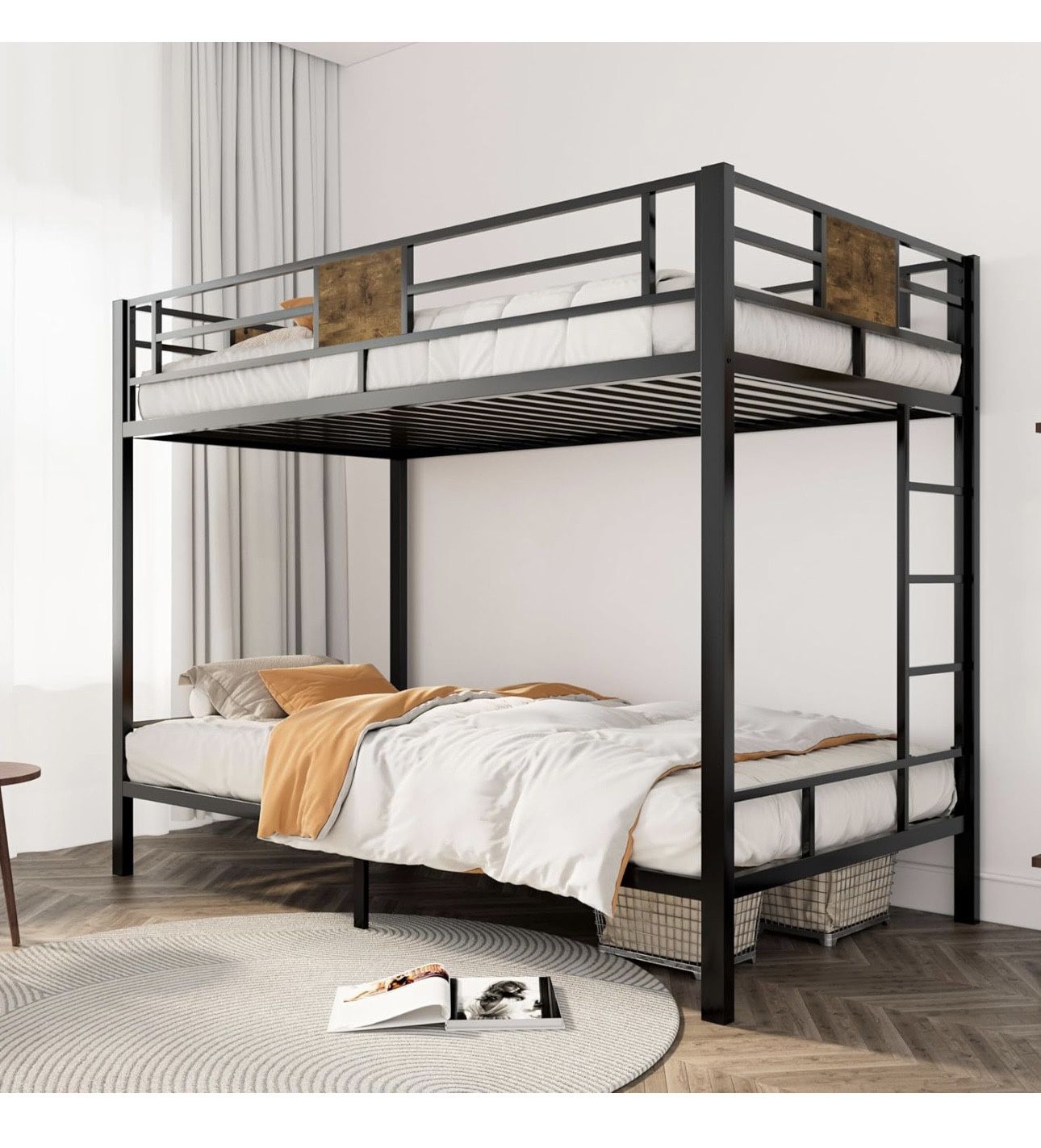 Bunk Bed Twin Over Twin Size with Ladder and Full-Length Guardrail, Metal, Storage Space, No Box Spring Needed, Noise Free, Black
