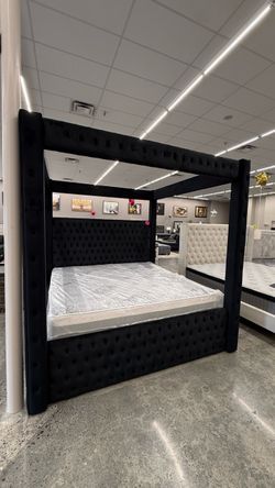 King Black Velvet Tufted Four-Poster Bed Frame