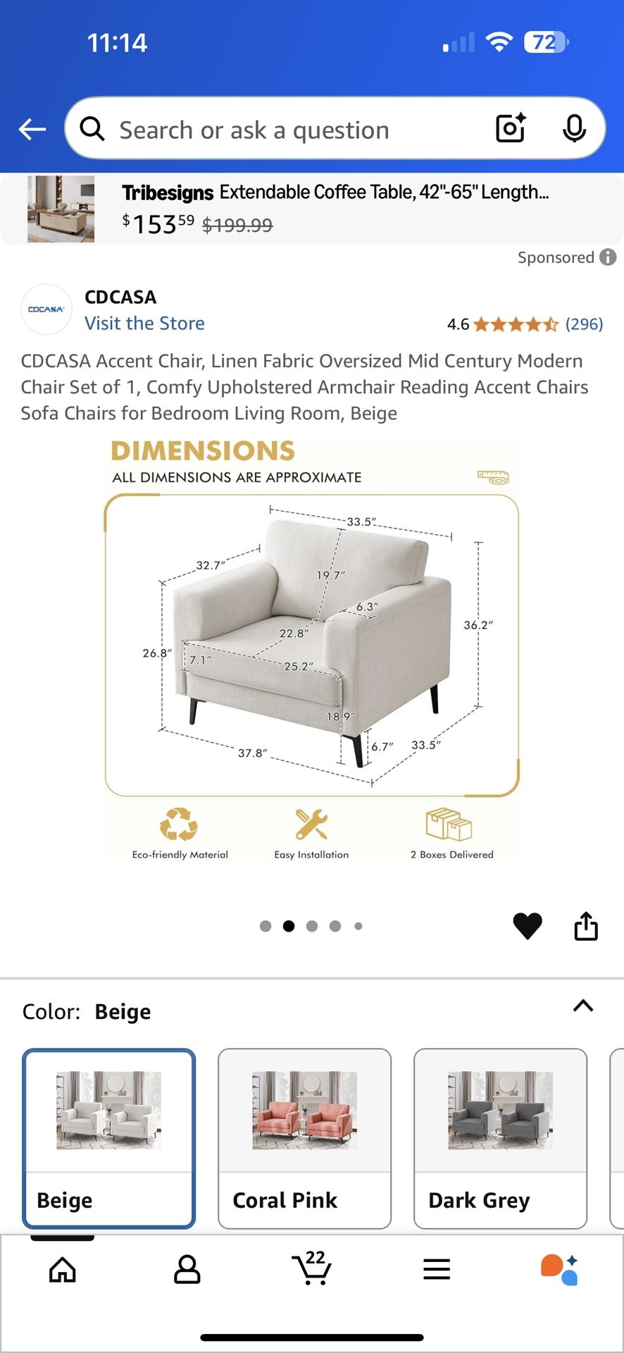 Accent Chair, Linen Fabric Oversized Mid Century Modern