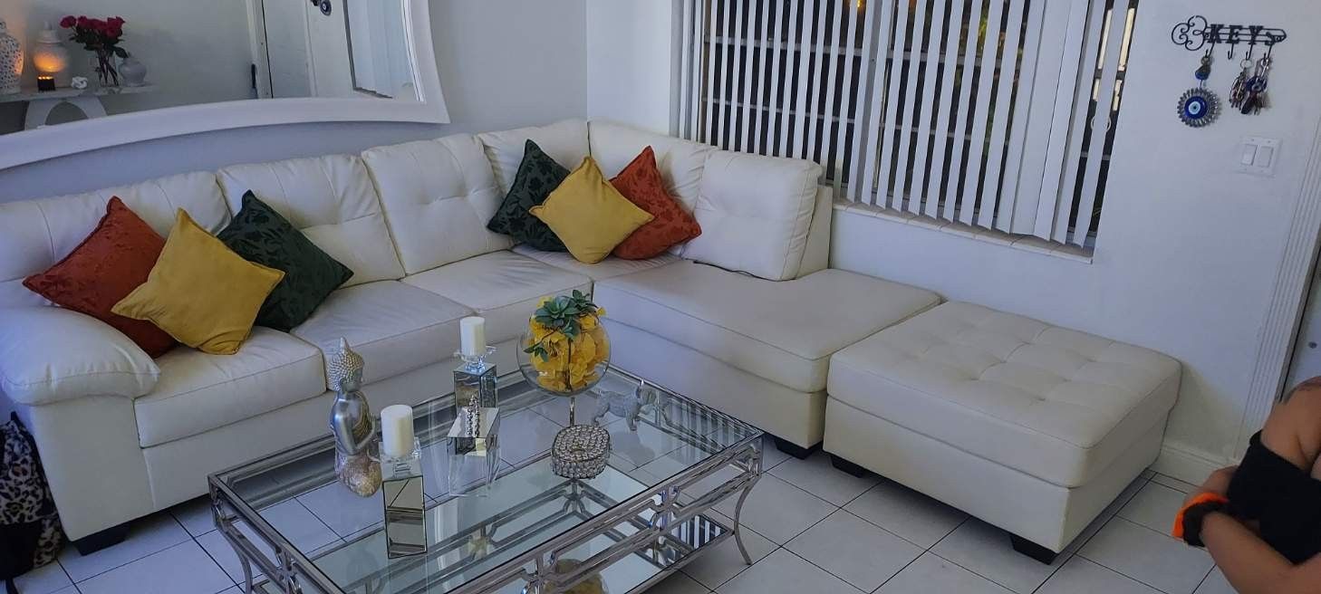 White Leather Sofa and Ottoman 