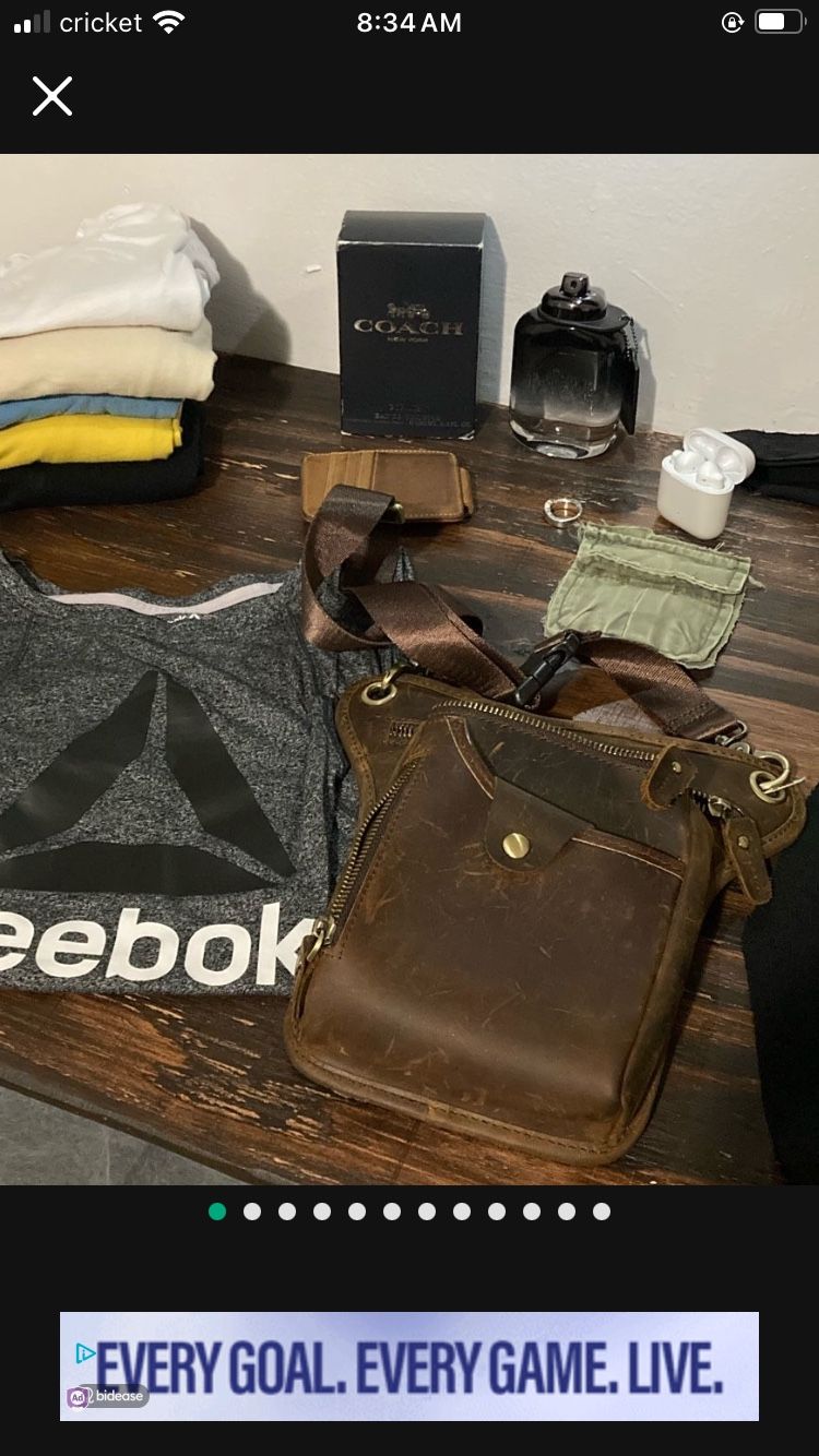 Mens Coach Cologne With Box, Satin Leather Wallet, Earbuds, SilverRingFull Grain Leather Satchel, Black/ Leather Backpack, Clothes, Glass, Army Pouch