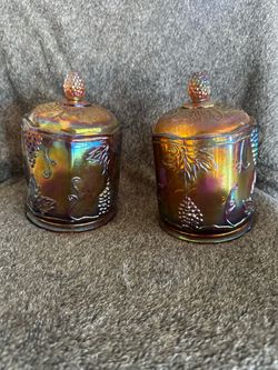 (2) available / Vintage Indiana 7" Harvest Grape Canister Marigold Carnival Glass Jar & Lid