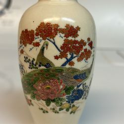 vintage Asahi miniature Japanese porcelain vase vibrant colors peacocks flowers gold trim 4”