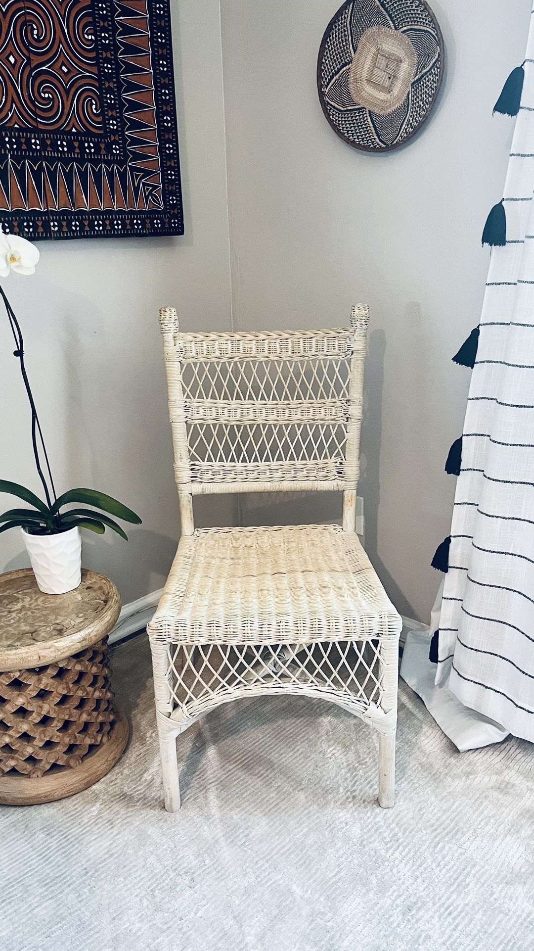 Gorgeous Vintage Original White Washed Wicker Rattan Chair with Open Crosshatch and Braid Details