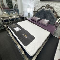 SALE💎5Pcs Glam Black Silver & Mirror California King Bedroom Set (Mattress is not Included)