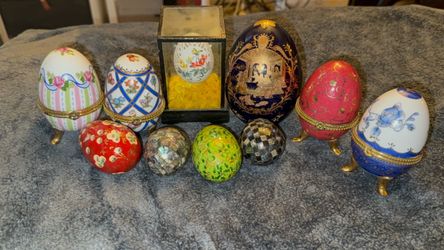 Vintage Collector Egg Lot - 11pc Porcelain Trinket Boxes, Cloisonné, & Mosaic