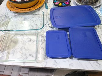 Pyrex baking dishes.
