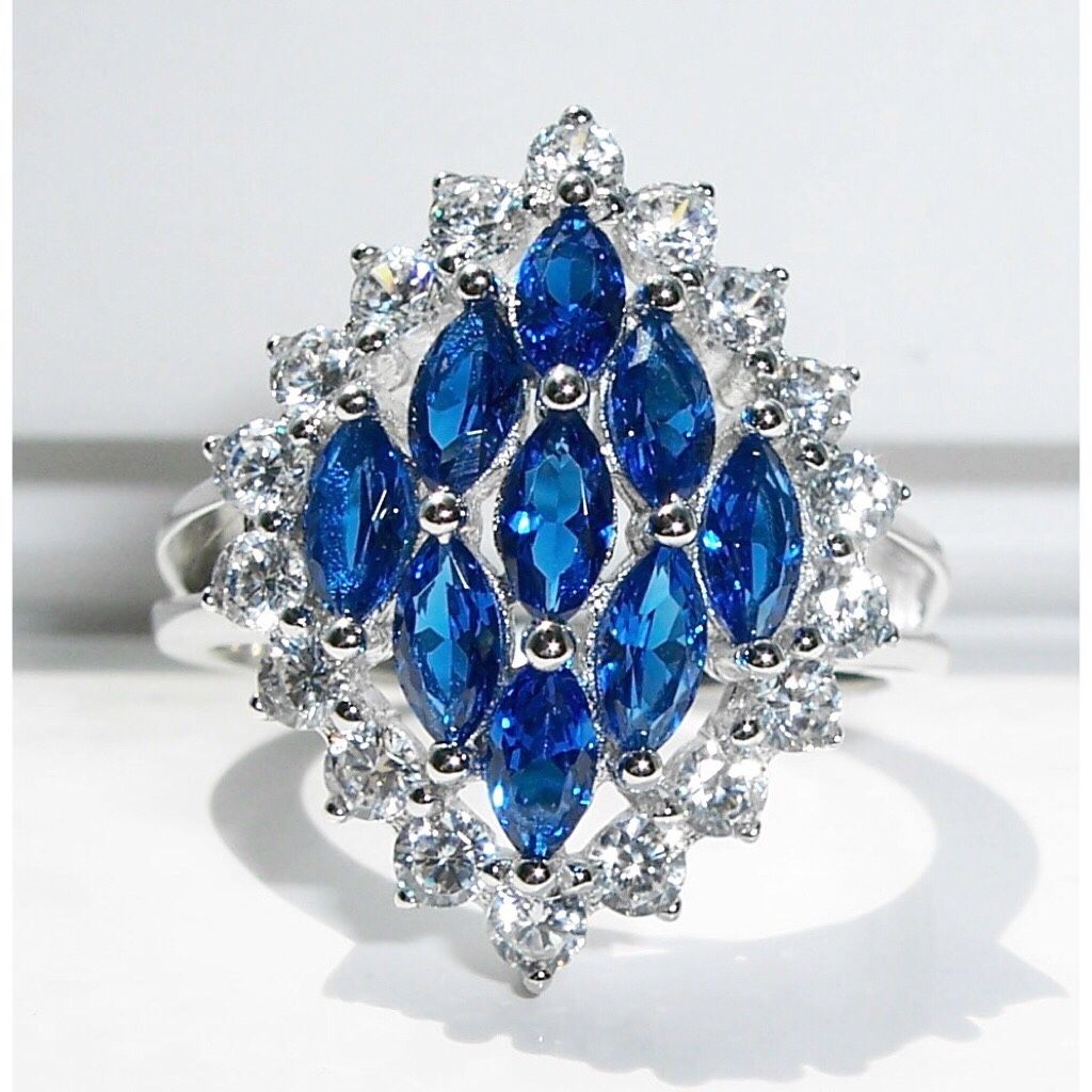 Size 9, 925 Sterling Silver Simulated Blue Sapphire CZ Cocktail Ring