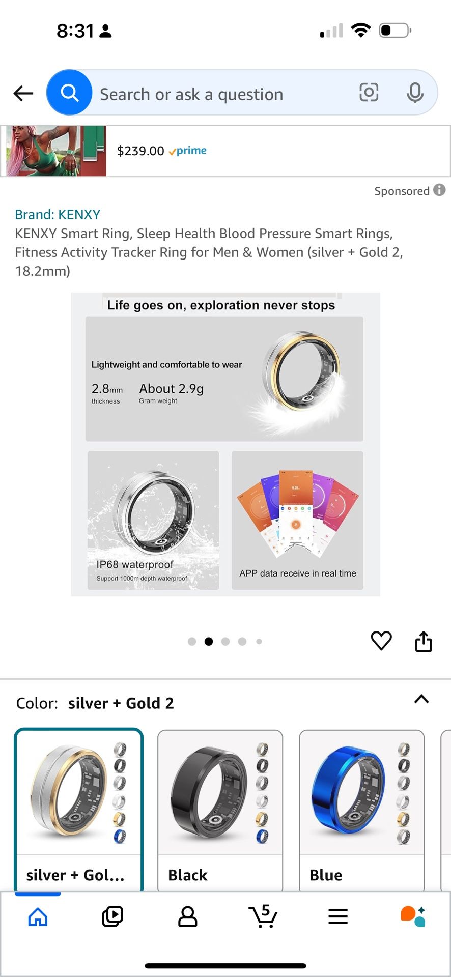 Brand: KENXY KENXY Smart Ring, Sleep Health Blood Pressure Smart Rings, Fitness Activity Tracker Ring for Men & Women (silver + Gold 2, 18.2mm)