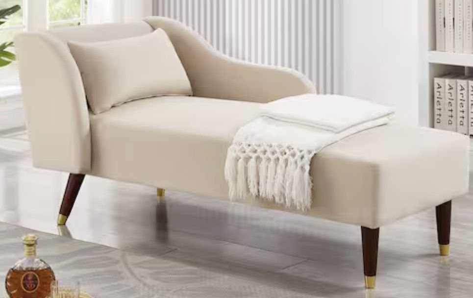 Modern Beige Velvet Upholstery Chaise Lounge Chair