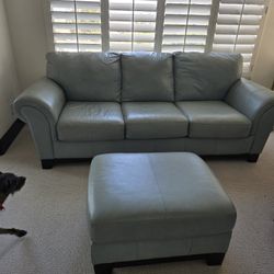 Pale Turquoise Leather Couch with Matching Ottoman