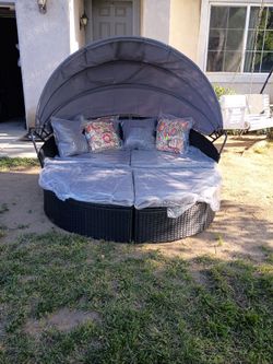 Daybed Outdoor Patio Furniture Set Black Frame And Grey Cushions