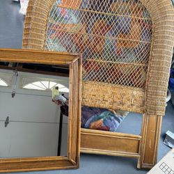 Vintage Woven Rattan Arched Twin Headboard & Mirror
