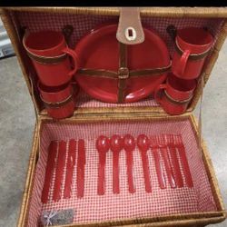 Vintage Wicker suitcase style picnic basket with attractive Red and white checkered lining