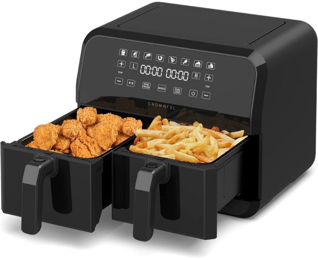 CROWNFUL 8 Quart Air Fryer, 8 in 1 Dual Basket with Independent Temperature Control(50+ Recipes), Dual Cook, Sync Finish and Shake Reminder Function,
