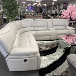 Gray Sofa Sectional w/ 2 Power Recliner & Waterproof Leather 