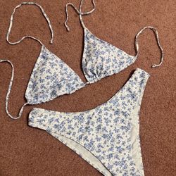 New Xl White Blue Floral Bikini Festival Boho Swimsuit Bathing Suit Cottage Prairie Country 