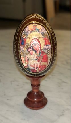 Russian Wooden Orthodox Icon Egg – Virgin Mary & Christ Child – Purchased in Russia