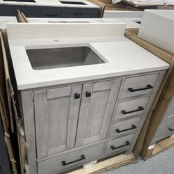 Bathroom vanity cabinet 36” solid mango Quartz top with sink and backsplash 