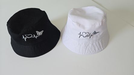 Bucket hat: with Heartbeat/Butterfly Embroidery - 2 Pack Black/ white