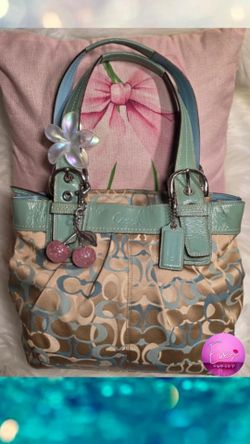 Y2k Coach Optic Pleated Soho Tote Teal & Beige