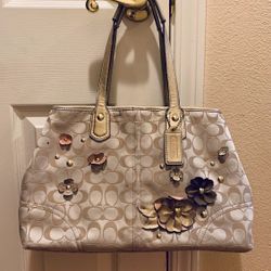 Tan Coach Flowers Purse Hand Bag Handbag