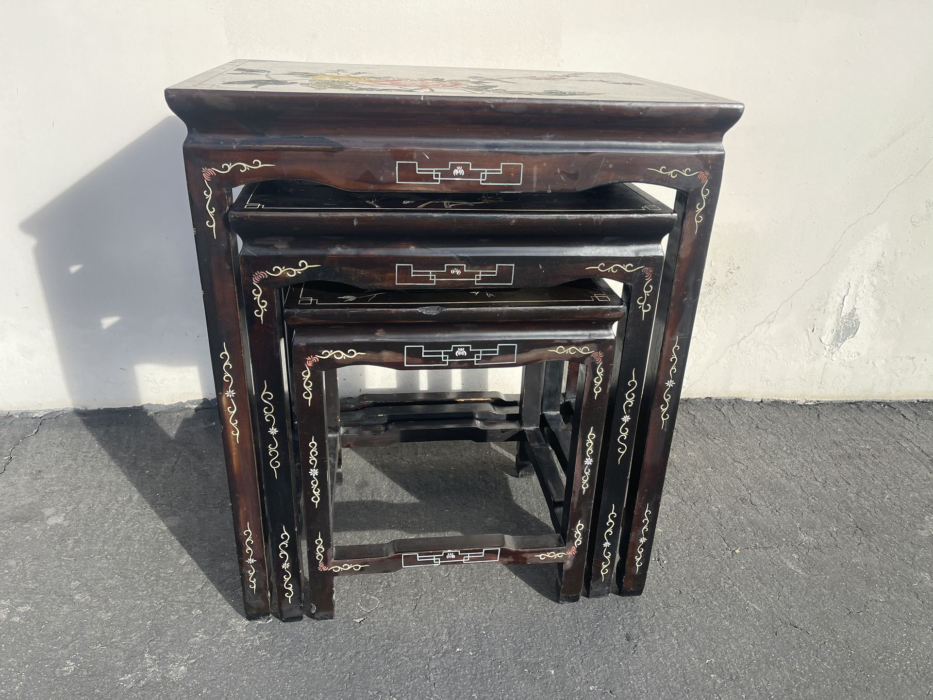 Set of 3 Oriental Black Lacquer Floral & Bird Nest Tables